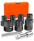 Nine Piece Pro Grade Heavy Duty Bolt Extractor Kit with Half Inch Drive Impact Lug Nut Remover Tools 17 to 27mm in orange case