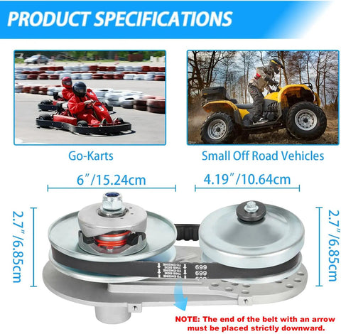 Beefed Up 30 Series Torque Converter Kit For Predator 212cc Mini Bike And Go Kart showcased with size specifications and usage images.