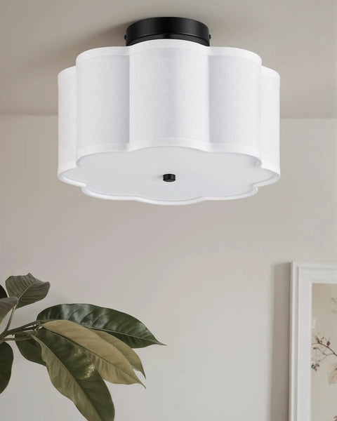 Three Light Semi Flush Mount Ceiling Light Fixture In Black Finish With White Fabric Drum Shade