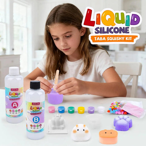 Girl crafting with Ultimate DIY Squishy Kit With 6 Molds And 18Oz Bubble Free Liquid Silicone Quick 2 To 3 Hour Cure