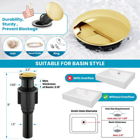 Vessel Sink Faucet With 360 Degree Swivel Spout, Single Handle No-Fuss Tall Bathroom Mixer Tap For 1-Hole Lavatory, Polished Gold drain