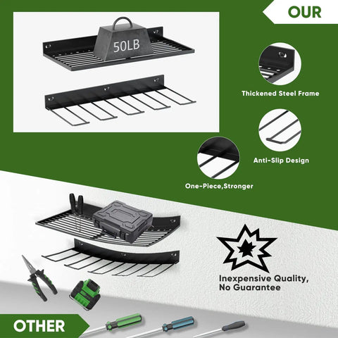 Power Tool Organizer Wall Mount With Drill Holder And Rack, heavy-duty steel frame, 1 shelf, anti-slip design, garage ready storage.