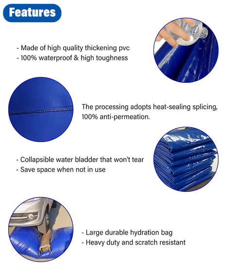 Features of Foldable Soft PVC Water Storage Bag With Spout including durability, waterproof material, and collapsible design.