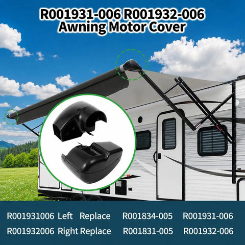 Two Pack RV Awning Motor and Idler End Cover Kit Black for RV Awnings Includes Left and Right Side Covers Compatible With Altitude and Compass TAJVAP 46JVAP R001931006 R001932006 shown on RV.