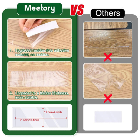Comparison showing Upgraded Transparent Nameplate Pockets with self-adhesive back vs others with residue and durability issues.