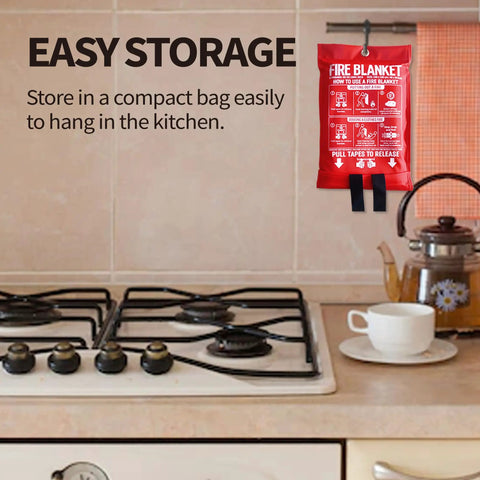 40x40 Inch Fire Blanket For Home And Kitchen 4 Pack Flexible Fiberglass Safety Blanket hanging in kitchen