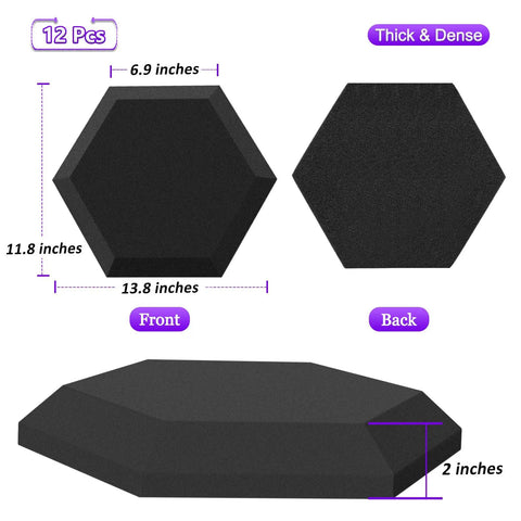 Pro Level Hexagon Acoustic Foam Panels For Recording Studio Treatment 12 Pack heavy duty soundproofing pads shown with measurements and angles.