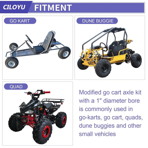 Chart showing fitment for beefed-up heavy duty steel 44 inch go kart live axle kit with 1 inch bore on go kart, dune buggy, and quad.