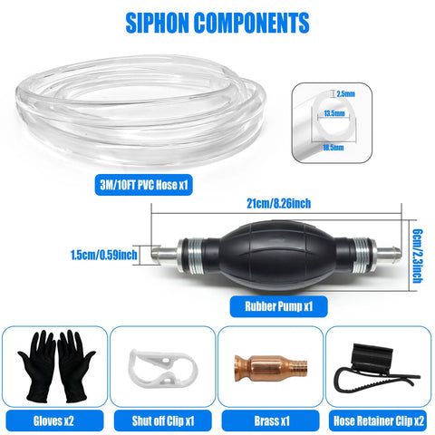 All In One Gas Siphon Transfer Kit For Fuel And More, Easy Manual Hand Pump For Gasoline, Diesel, Oil, Water And Other Liquids, Includes 10 Ft Clear PVC Siphon Hose, Brass Siphon Head, Clamps, Shut Off Valve, Pinch Clips And Gloves components