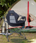 Hammock Camping Chair Set Outdoor Folding Rocker Lawn Seats With High Back And Stand next to tent with child peeking out