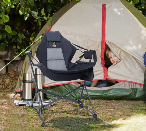 Hammock Camping Chair Set Outdoor Folding Rocker Lawn Seats With High Back And Stand next to tent with child peeking out