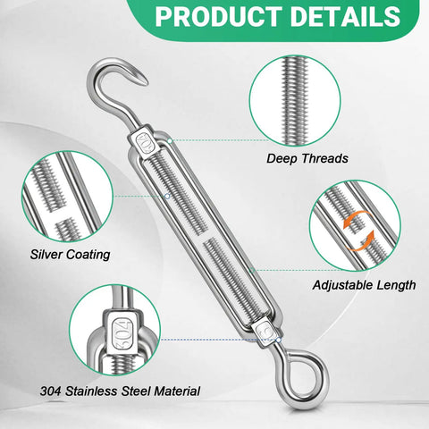 M8 Hook And Eye Turnbuckle Set In 304 Stainless Steel Built Tough Beefy Ten Pack with deep threads and adjustable length; product details