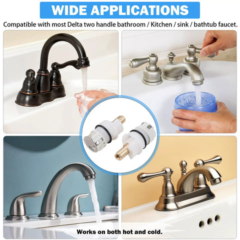 Heavy Duty Faucet Stem Assembly Kit For Two Handle Kitchen Bath And Tub Shower showing faucet types and replacement parts for easy installation