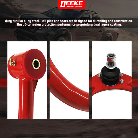 Close-up of Beefy Front Upper Control Arms for 2005-2022 Toyota Tacoma with 1-4 Inch Lift, tubular alloy steel, red finish.