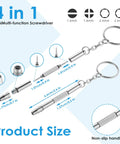 4 In 1 Eyeglasses Screwdriver Kit With Keychain Portable 6 Piece Precision Repair Set showing components and sizes.