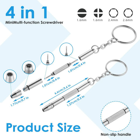 4 In 1 Eyeglasses Screwdriver Kit With Keychain Portable 6 Piece Precision Repair Set showing components and sizes.