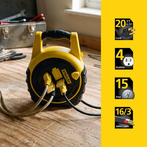 Slick Retractable 20Ft Extension Cord Reel With Four Outlets And On Off Switch on workbench