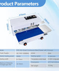 Rock Solid Commercial Heat Sealer Machine With Digital Temperature Control And Smoothly Adjustable Speed Heavy Duty Desktop Continuous Bag Band Sealer For Plastic Films And Quick Packing, showing model specifications and dimensions.