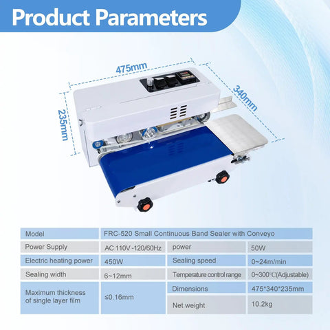 Rock Solid Commercial Heat Sealer Machine With Digital Temperature Control And Smoothly Adjustable Speed Heavy Duty Desktop Continuous Bag Band Sealer For Plastic Films And Quick Packing, showing model specifications and dimensions.