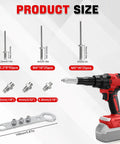 Heavy Duty Cordless Rivet Gun With Brushless Motor And Serious Torque Handles showing multiple rivet sizes and tool specifications.