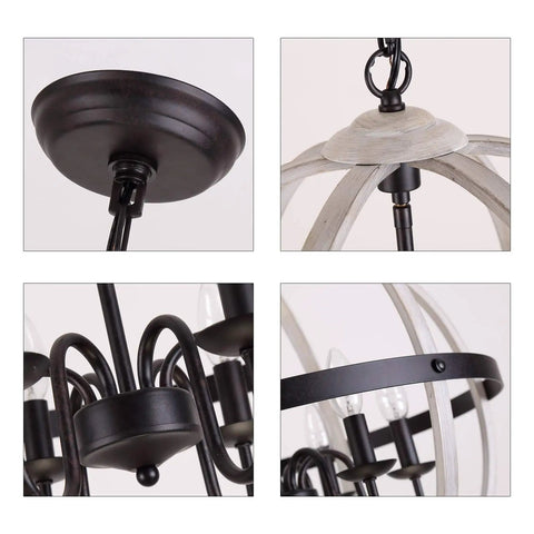Close-up of Farmhouse Globe Pendant Light Chandelier with Oak White and Oil Rubbed Bronze details and adjustable chain.