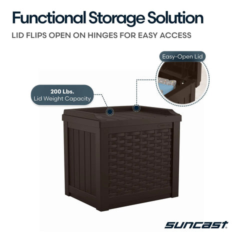 Java Resin 22 Gallon Outdoor Deck Box with easy-open lid and 200 lbs weight capacity, shown as a weatherproof storage bin.
