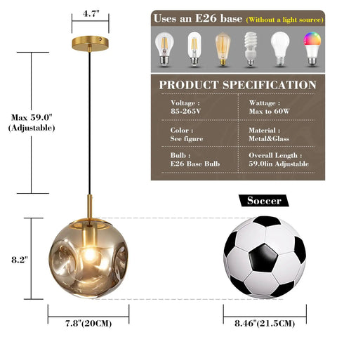 Modern Smoke Gray Glass Globe Pendant Light 3 Pack, 7.87" Hardwired Brass Pendant with Adjustable 59" Cord dimensions and specs display.