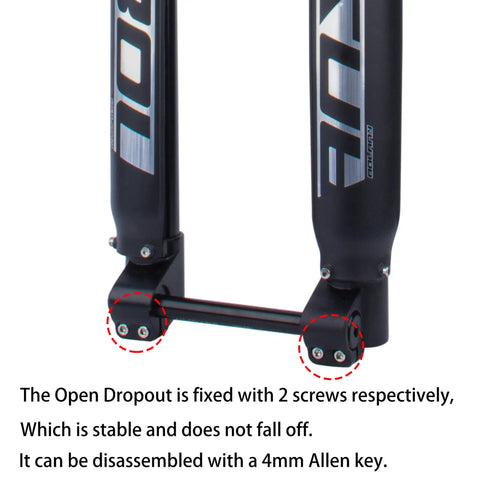 Detail of Open Dropout on Beefy Downhill Mountain Bike Front Fork With Air Suspension Inverted Thru Axle Boost 15x110mm