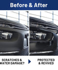 Side-by-side front views of a black car showing before and after clear coat repair on bumper and headlight.