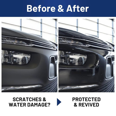Side-by-side front views of a black car showing before and after clear coat repair on bumper and headlight.