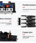 Three Phase Motor Protection Relay With 7-10A Adjustable Overload, featuring flexible buttons, rust-resistant surface, and copper pins.