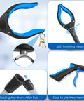Front view of PECEBO 32-inch foldable grabber reacher with blue/black handle, 360° rotating jaw and magnet, aluminum alloy rod