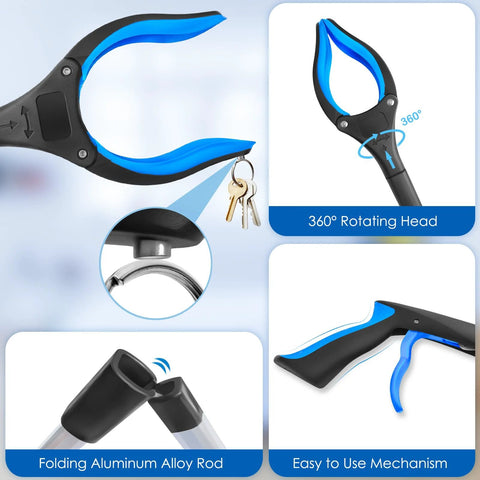 Front view of PECEBO 32-inch foldable grabber reacher with blue/black handle, 360° rotating jaw and magnet, aluminum alloy rod