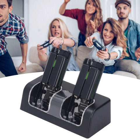 4 In 1 Remote Controller Charging Station Dual Remote Charger Dock With Built In 2800mAh Lithium Batteries Black on table