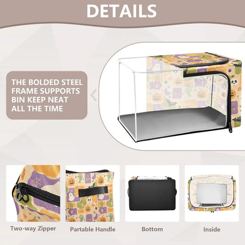 Heavy Duty Foldable Storage Bin With Large Clear Window And Dual Zipper Openings For Quick Grab Access Interior Steel Frame keeps structure intact, showcasing festive pumpkin ghost art.
