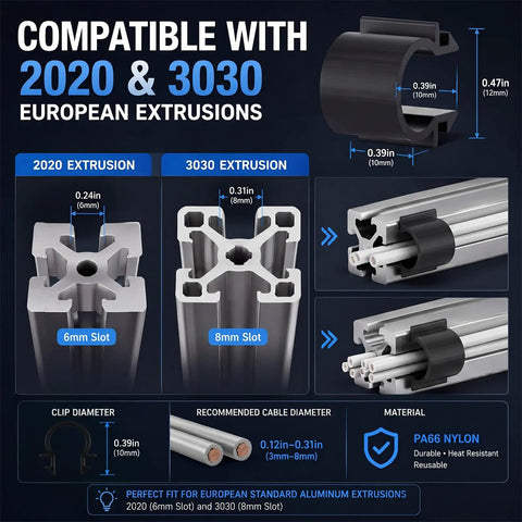 50 Pack T Slot Cable Clips For 2020 And 3030 Aluminum Extrusions Black Nylon Cord Organizer For 3D Printers CNC Machines And Robotics DIY Projects European Standard 6mm And 8mm Slot Compatibility Easy Snap Install on 2020 and 3030 extrusions