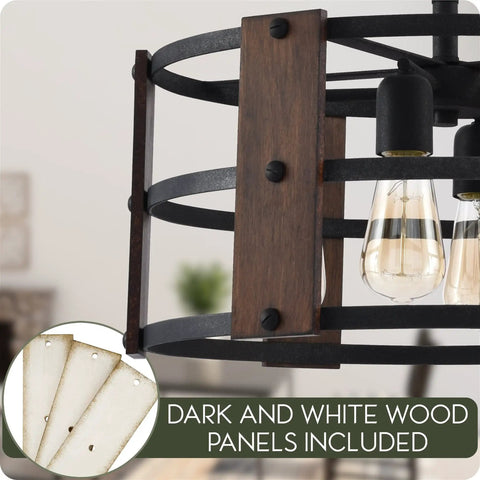 Open Drum 4 Light Modern Farmhouse Chandelier With Interchangeable Walnut And White Ash Wood Panels In Coarse Black Finish