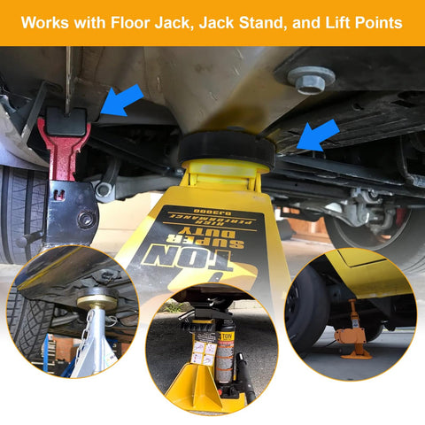 Universal Jack Pad Set For Floor Jacks And Stands High Density Rubber Pads shown installed on car jack and stand