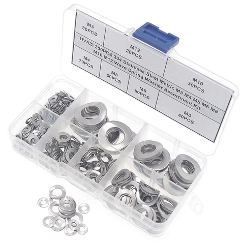 HVAZI 350-piece stainless steel wave washer set in a clear plastic case, M3–M12