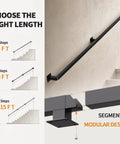 Rock Solid Black Wrought Iron Indoor Stair Handrail With Heavy Duty Square Tube Safety Railing And Sleek Matte Finish For Hallway Protection And No Sweat Diy Upgrades length guide for various steps options.