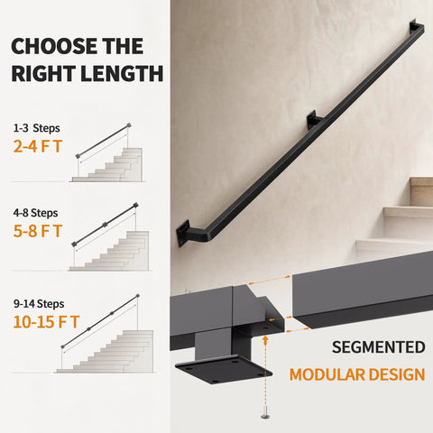 Rock Solid Black Wrought Iron Indoor Stair Handrail With Heavy Duty Square Tube Safety Railing And Sleek Matte Finish For Hallway Protection And No Sweat Diy Upgrades length guide for various steps options.