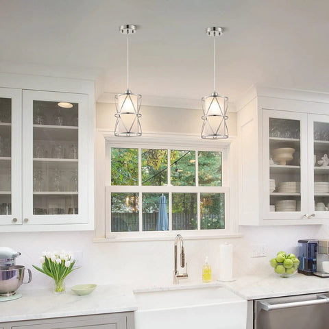 Modern Cylindrical Pendant Light With Frosted Glass Shade In Brushed Nickel For Kitchen Island Lighting Hanging Over Island Foyer