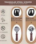 Triangular spiral scraper set suitable for 58mm powder bowl, demonstrating right angle and round scrapers for baristas.