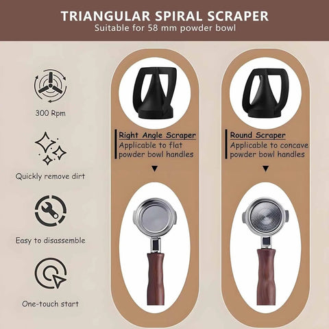 Triangular spiral scraper set suitable for 58mm powder bowl, demonstrating right angle and round scrapers for baristas.