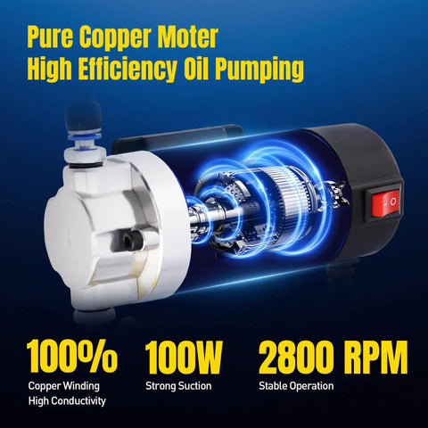 Heavy Duty 12V Electric Oil Extractor Pump For Slick Engine Swaps and Hassle Free Transmission Fluid Removal showing pure copper motor and pumping design.