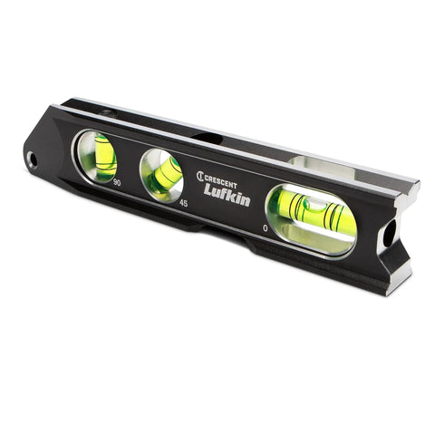 Lufkin Aluminum Billet Level With Large Main Vial, Full Aluminum Body and Magnets, showcasing vials and frame detail