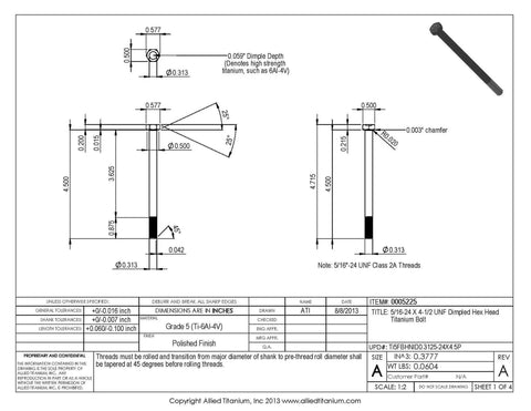 Premium Pure Titanium Hex Head Bolts 5/16 24 By 4 1/2 Inches Unf specifications diagram with dimensions and dimple detail.