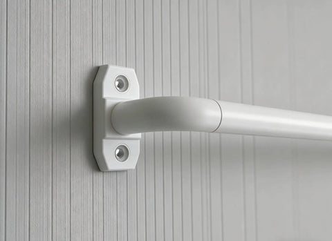 Close-up of Two Pack Small Curtain Rods Adjustable 18 to 32 Inches White Sash Rod mounted on wall, ideal for narrow windows cabinets RV cafe doors