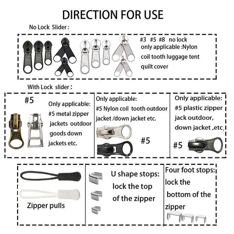 255 Piece Zipper Repair Kit With Replacement Sliders For Size 3 5 8 Nylon And Metal Zippers Pliers Tool And Zip Extension Pulls Ideal For Jackets Luggage Backpacks Tents Sleeping Bags Easy Fix DIY, slider directions chart.
