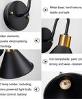Details of Black Farmhouse Gooseneck Barn Lights from Battery Operated Wall Sconce Set With Remote, showing lamp holder and metal base.